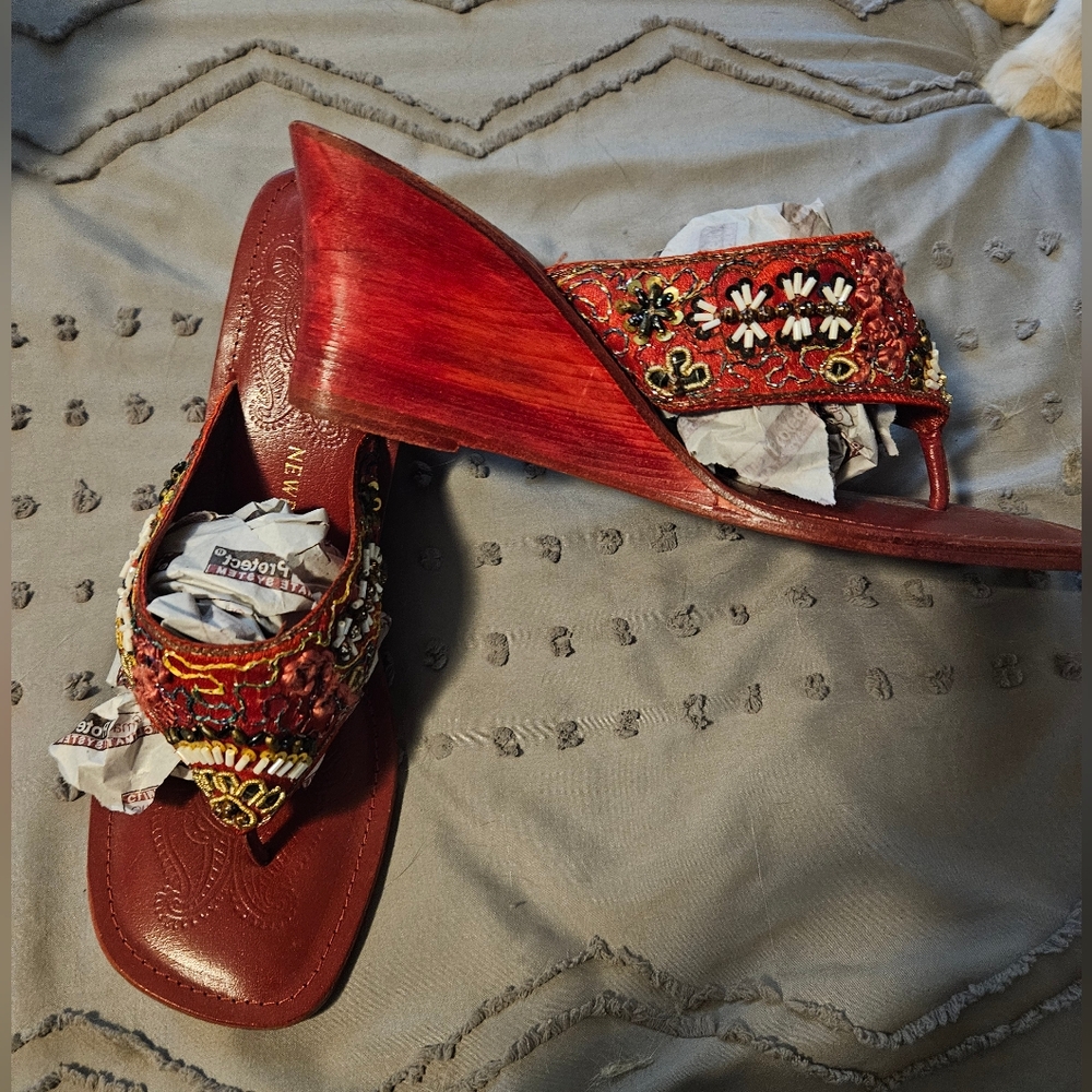 BRAND NEW ** Leather Upper Red Embellished Women's Sandals